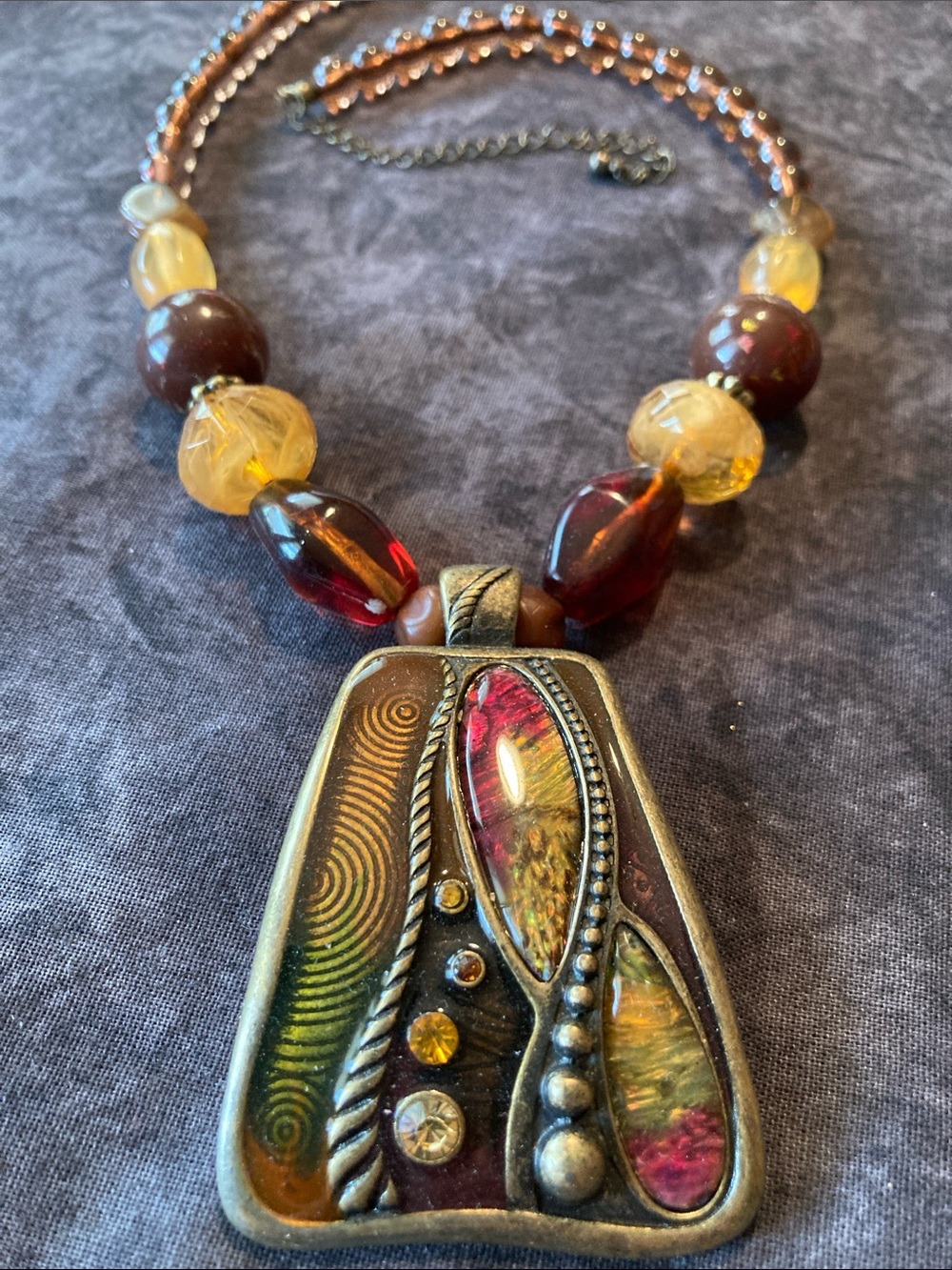 Artisan Multicolor Pendant Necklace with Amber and Garnet Colored Accents